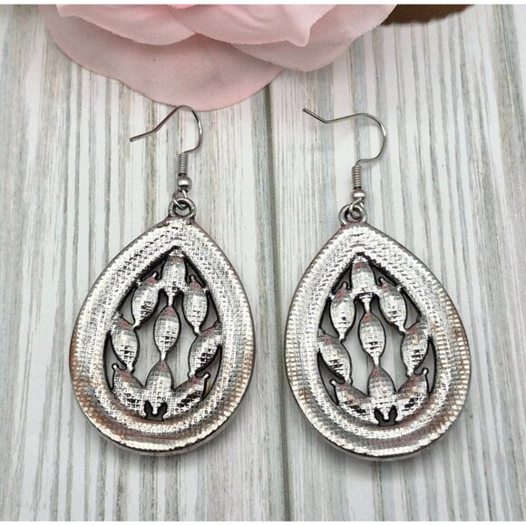 Drop Dangle Silver Tone Teardrop Crystal Statement Earrings 2" Hook - Picture 4 of 5